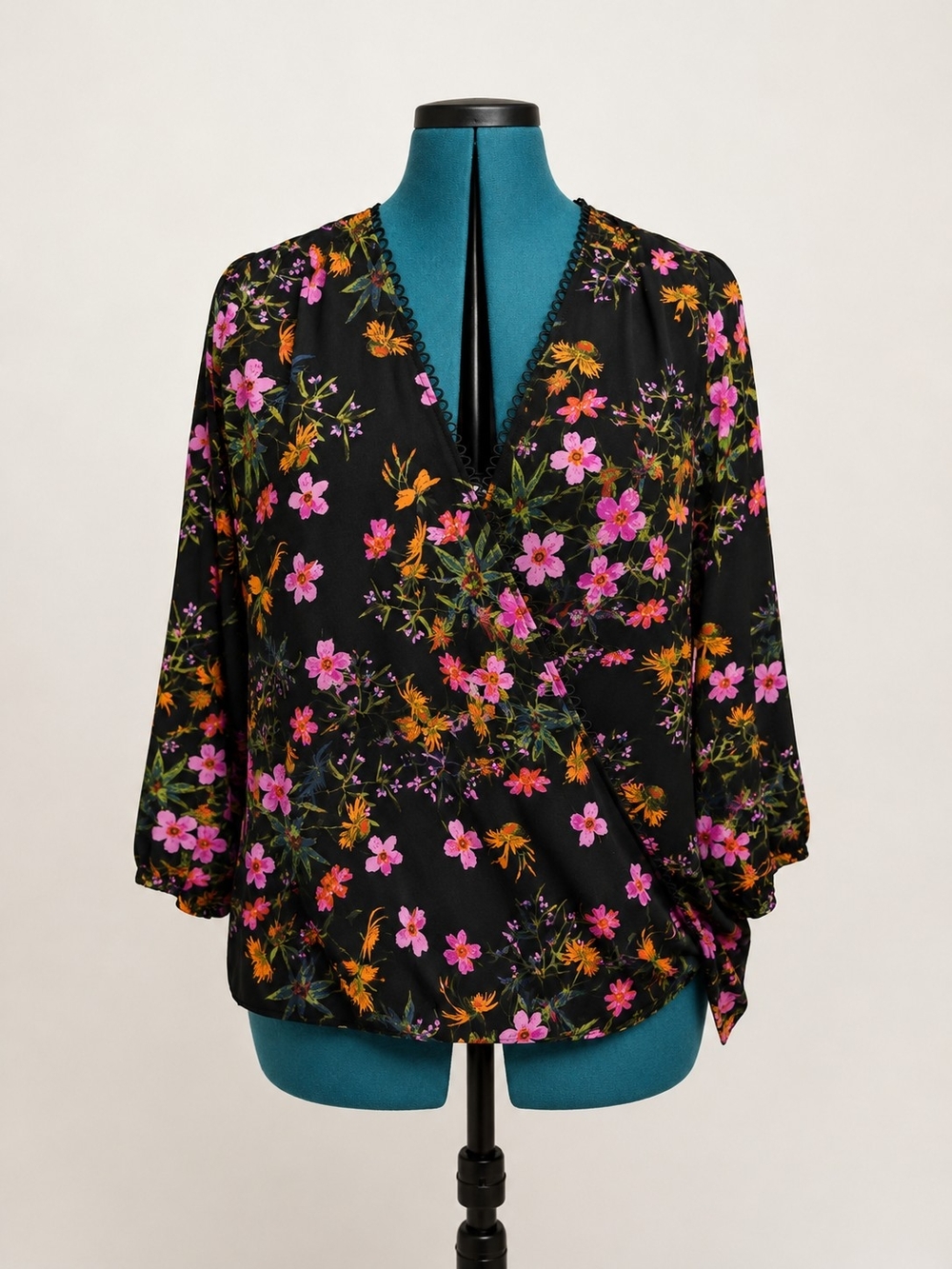 Ava & Aiden Black Floral Wrap Blouse with Pink & Orange Flowers